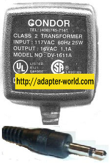 CONDOR DV-1611A AC ADAPTER 16V 1.1A NEW 3.5mm MONO JACK