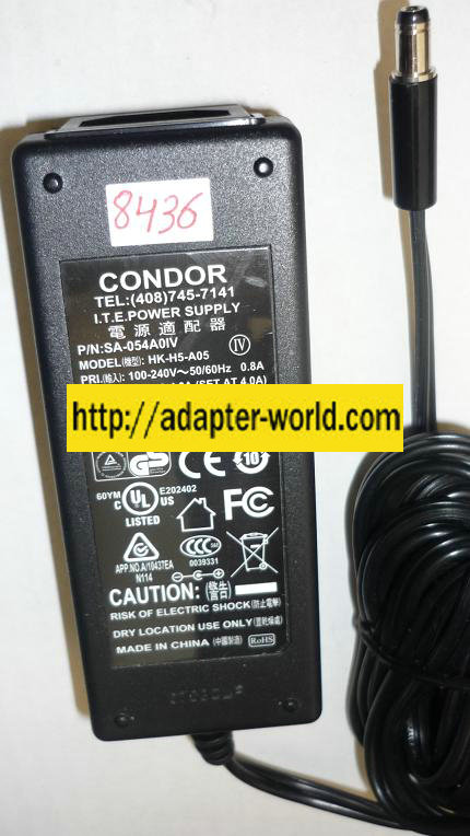 CONDOR HK-H5-A05 AC ADAPTER 5VDC 4A NEW -( ) 2x5.5mm ROUND BARR