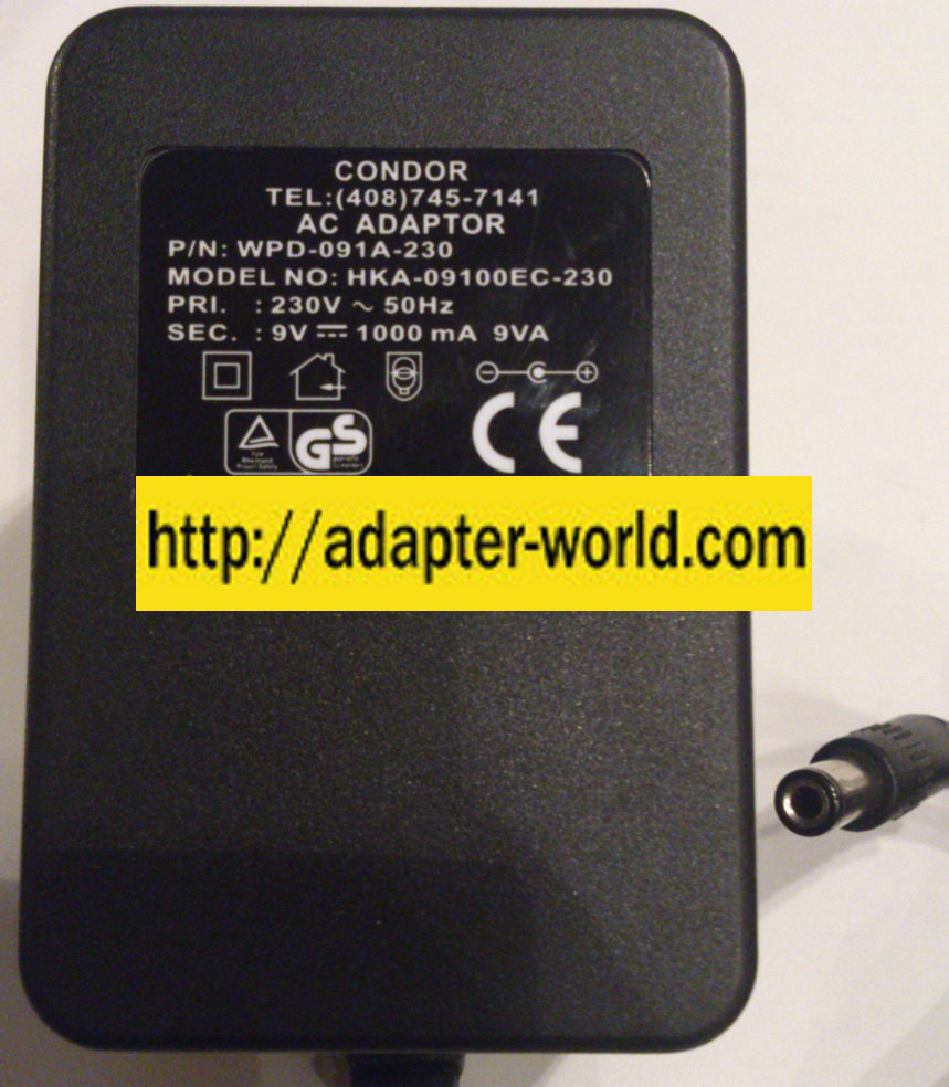 CONDOR HKA-09100EC-230 AC ADAPTER 9VDC 1000mA 9VA New 2.4x5.5mm