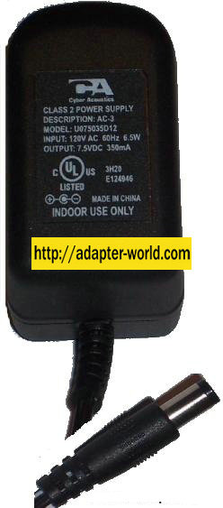 CYBER ACOUSTICS U075035D12 AC ADAPTER 7.5VDC 350mA (-) 2x5.5mm