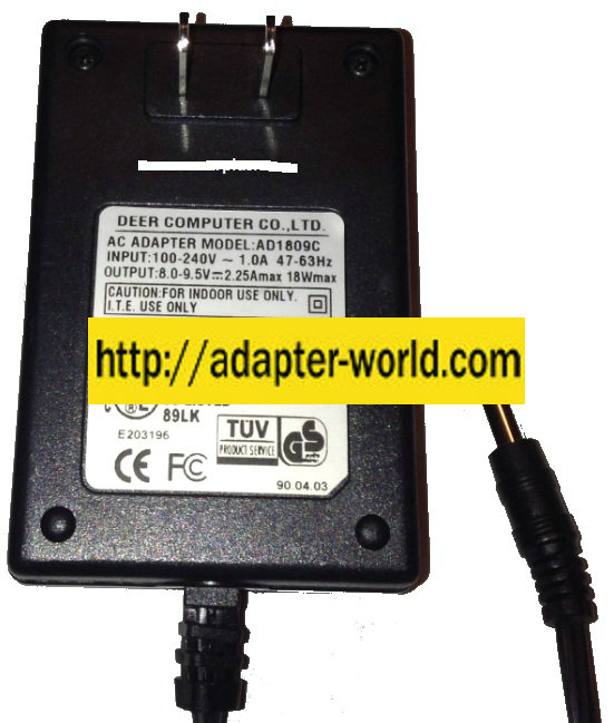 DEER AD1809C AC ADAPTER 9Vdc 2.25A 18W NEW -( ) 2x5.5mm POWER S