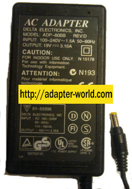 DELTA ADP-60BB REV:D NEW 19VDC 3.16A ADAPTER 1.8 x 4.8 x 11mm