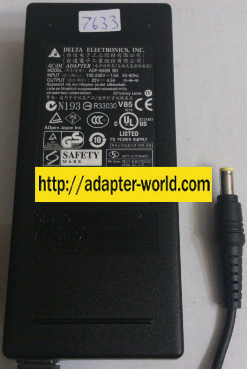 DELTA ADP-90SB BD AC ADAPTER 20VDC 4.5A NEW -( )- 2.5x5.5x11mm