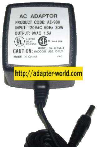 DV-1215A-1 AC ADAPTER 9V 1.5A 30W AE-980 POWER SUPPLY Condition