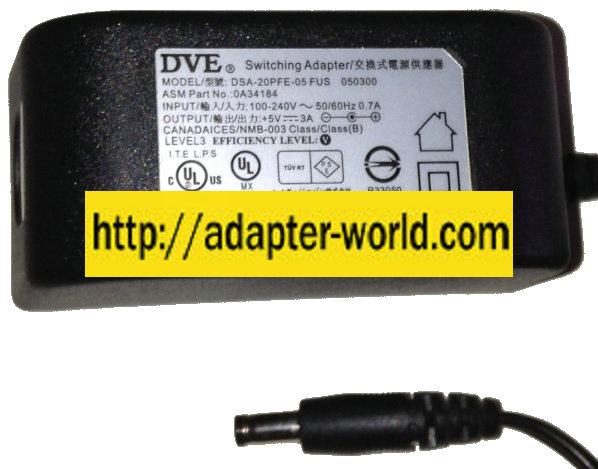 DVE DSA-20PFE-05 FUS 050300 AC ADAPTER 5V DC 3A NEW