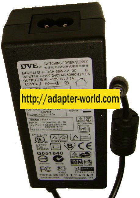 DVE DSA-36W-12 30 AC ADAPTER 12VDC 2.5A -( )- 2.5x5.5mm NEW E13