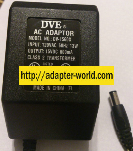 DVE DV-1560S AC ADAPTER 15VDC 600mA 2 x 5.5 x 9.6mm Round Barrel