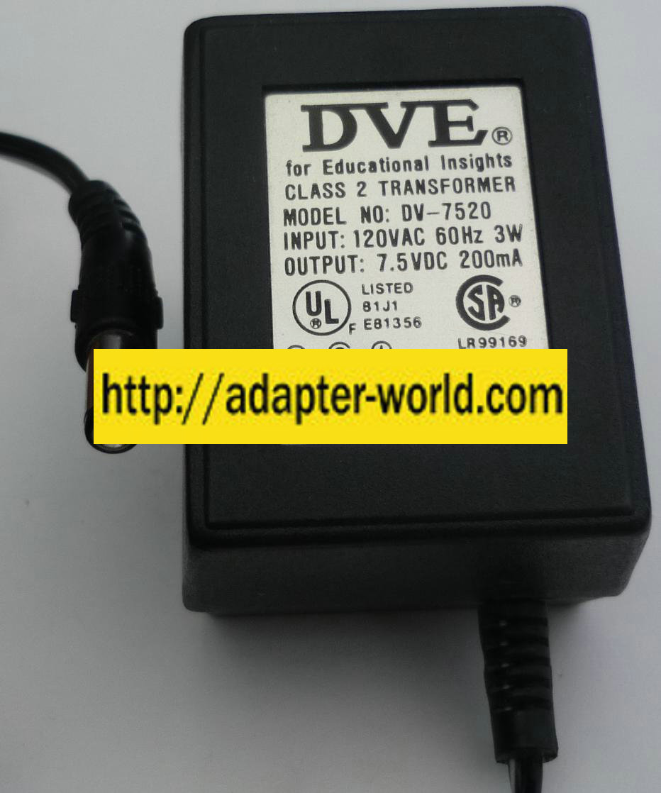 DVE DV-7520 AC ADAPTER 7.5VDC 200mA NEW -( )2x5.5 ROUND BARREL