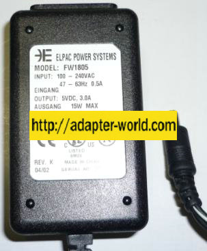 ELPAC POWER SYSTEMS FW1805 AC ADAPTER 5VDC 3A 15W POWER SUPPLY