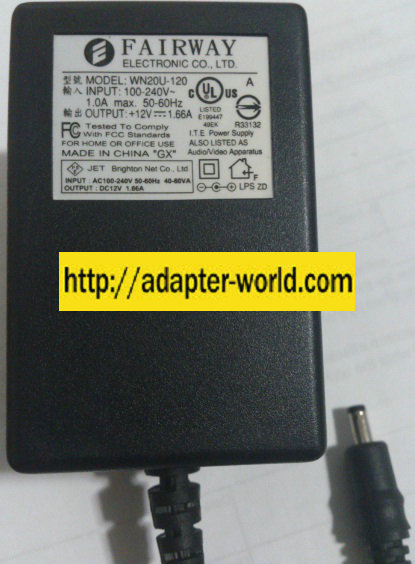FAIRWAY WN20U-120 AC ADAPTER 12VDC 1.66A NEW 1.7x4mm -( )-