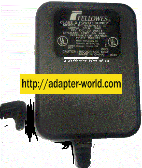 FELLOWES BC151 2 PS48-3 AC ADAPTER 15VDC 1.3A New 2x5.5mm 20W