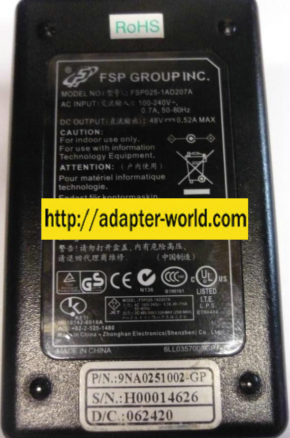 FSP FSP025-1AD207A AC ADAPTER 48VDC 0.52A -( ) 2.5x5.5mm New 10
