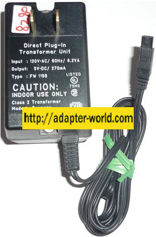 FW119 AC ADAPTER 5VDC 270mA NEW 2PIN FEMALE 120VAC 60Hz 6.2VA