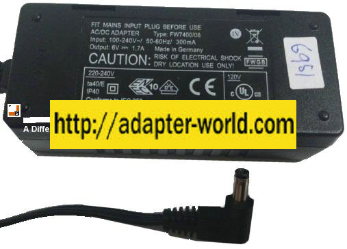FW7400/06 AC ADAPTER 6V DC 1.7A NEW 1.7x4mm -( )- 90 ° Degree