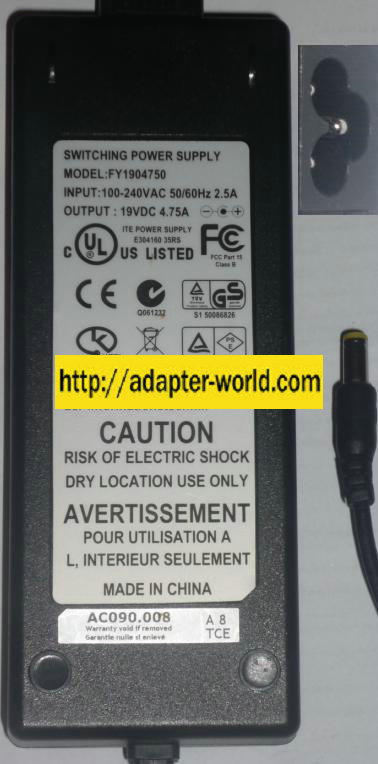 FY1904750 AC ADAPTER 19VDC 4.75A POWER SUPPLY