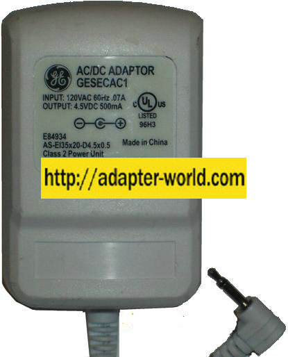 GE GESECAC1 AC ADAPTER 4.5VDC 500mA NEW -( ) MONO STEREO POWER