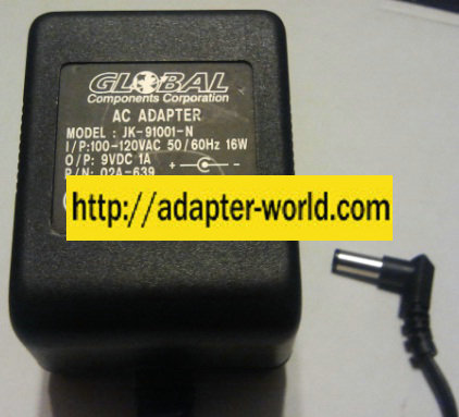 GLOBAL JK-91001-N AC ADAPTER 9VDC 1A (-) 2.5x5.5mm 120Vac 90 °