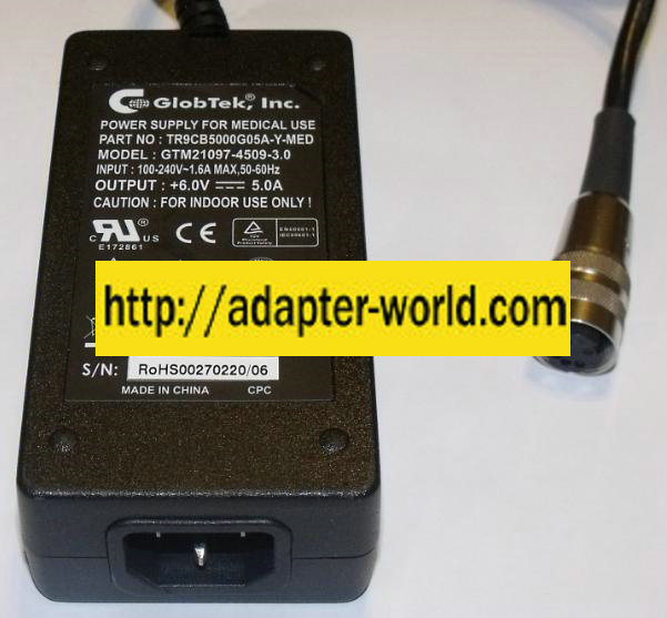 GLOBTEK GTM21097-4509-3.0 AC ADAPTER 6VDC 5A POWER SUPPLY Medica