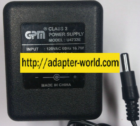 GPM U4732E AC ADAPTER 12VDC 800mA NEW -( )- 2x5.5mm 120VAC