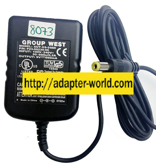 GROUP WEST AUT-09-0660 AC ADAPTER 9VDC 660mA NEW -( )- 3x5.5mm