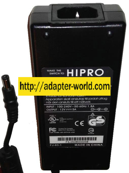HIPRO HP-OL060D43 AC ADAPTER 12V DC 5A -( )- 1.7x4mm 110-240V Ne