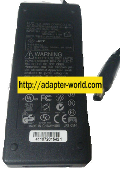 HJC HASU11FB40 AC ADAPTER 12VDC 3.30A NEW 2.7 x 5.5 x 9.5mm