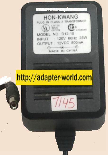 HON-KWANG D12-10 AC ADAPTER 12VDC 800mA PLUG IN CLASS 2 TRANSFOR