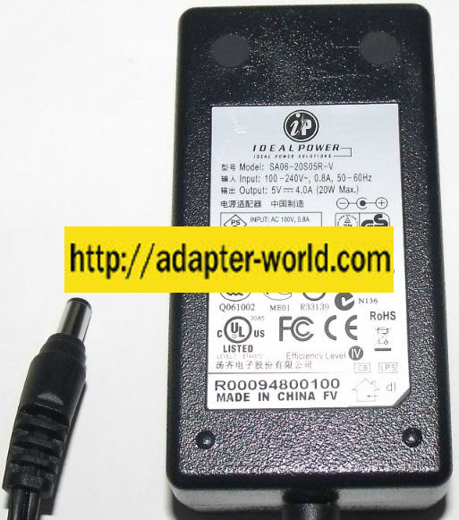 IDEAL POWER SA06-20S05R AC ADAPTER 5V DC 4A NEW 2.5 x 5.5 x 11.