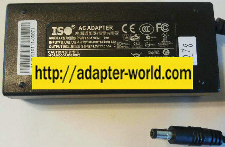 ISO KPA-060J AC ADAPTER 18VDC 3.33A NEW 2 x 5.5 x 11mm