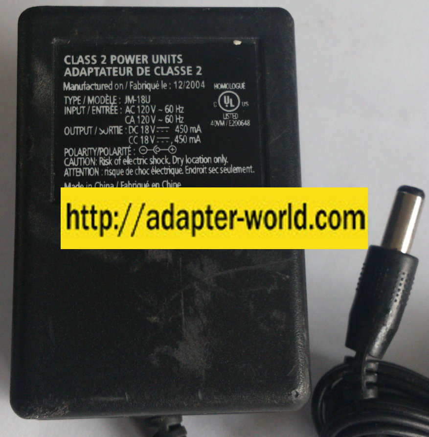JM-18U AC ADAPTER 18VDC 450mA NEW -( )- 2x5.5x12mm Round Barrel