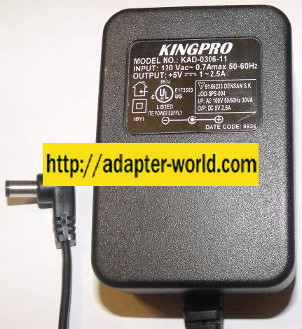 KINGPRO KAD-0306-11 AC ADAPTER 5VDC 2.5A WALLMOUNT DIRECT PLUG