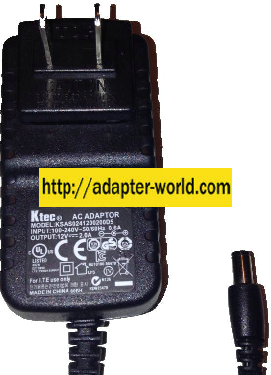 KTEC KSAS0241200200D5 AC ADAPTER 12V DC 2A New 2 x 5.4 x 9.8 mm