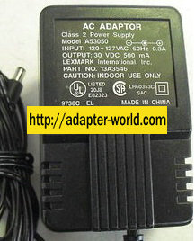 LEXMARK A53050 AC ADAPTER 30V DC 500MA POWER SUPPLY 13A3546 E823