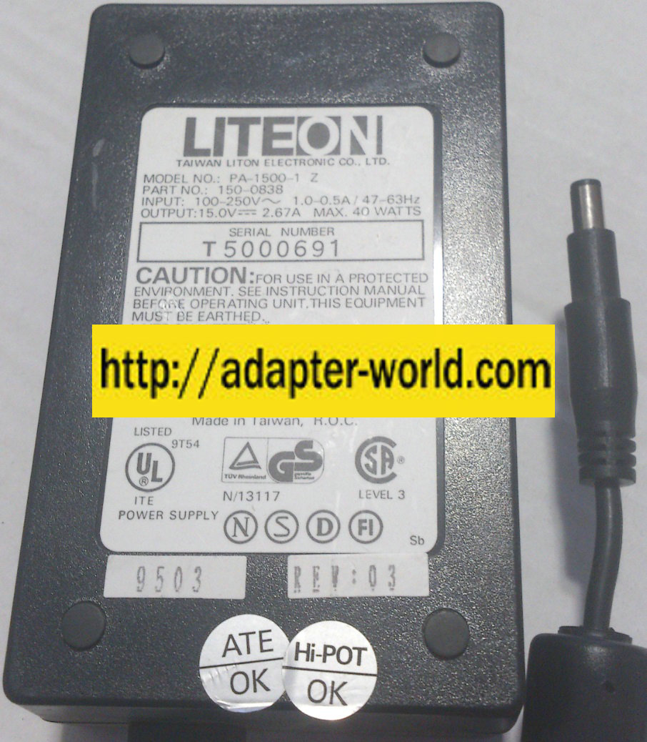 LITEON PA-1500-1 AC ADAPTER 15VDC 2.67A NEW -( )- 2.5x5.5x9.5mm