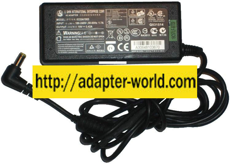 LI SHIN 0335A1965 AC ADAPTER 19VDC 3.42A -( 2.5x5.5mm 90 ° RIGHT