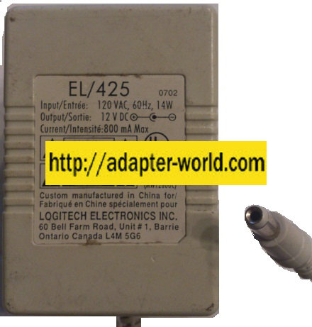 LOGITECH EL/425 AC ADAPTER 12VDC 800mA MAX NEW 1 x 3.3 x 8mm