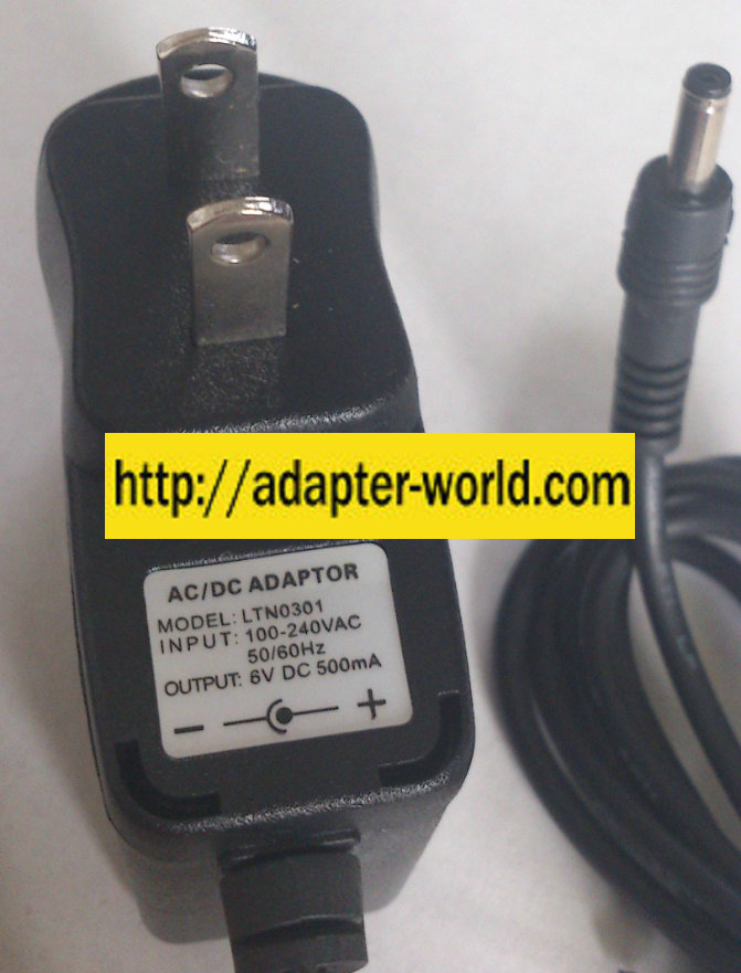 LTN0301 AC ADAPTER 6VDC 500mA NEW -( )- 1.5x3.5x9.5mm