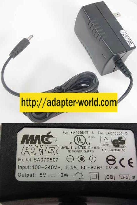 MACPOWER SA070507 AC ADAPTER 5-7VDC 10W NEW 1.7 x 3.5 x 9.8mm