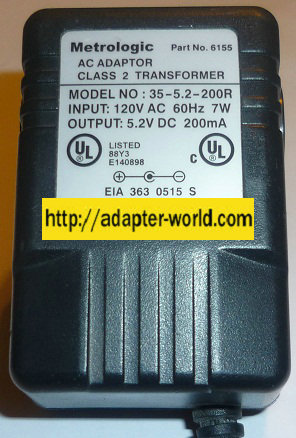 METROLOGIC 35-5.2-200R AC ADAPTER 5.2VDC 200mA NEW (-) 2.5x5mm