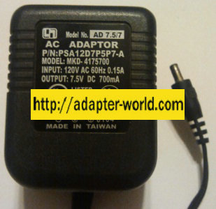 MKD-4175700 AC ADAPTER 7.5V DC 700MA POWER SUPPLY