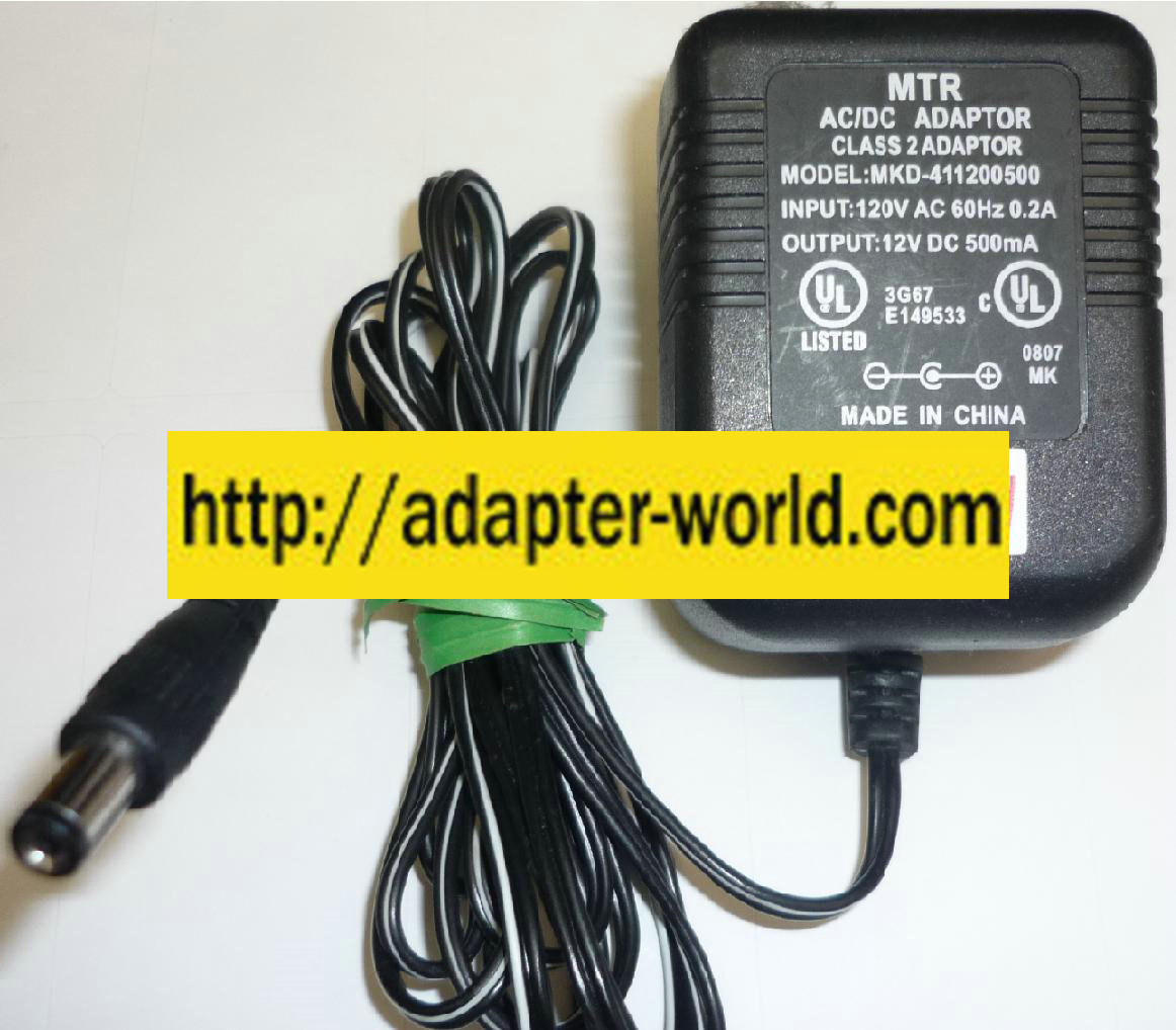 MTR MKD411200500 AC ADAPTER NEW -( )2x5.5mm 12VDC 500mA CLASS 2