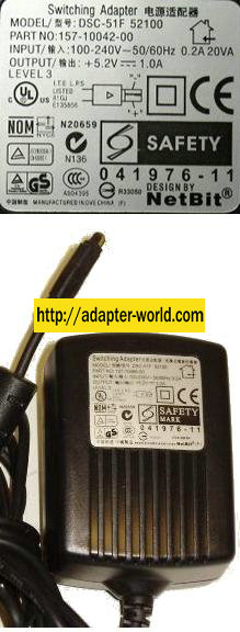NETBIT DSC-51F-52100 AC ADAPTER 5.2VDC 1A Palm SWITCHING POWER S