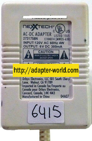 NEXXTECH 2731758N AC ADAPTER 6V DC 300mA NEW 2.5x5x12.2mm
