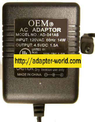 OEM AD-041A5 AC ADAPTER 4.5VDC 1.5A -( )- 1.2x3.7mm POWER SUPPLY