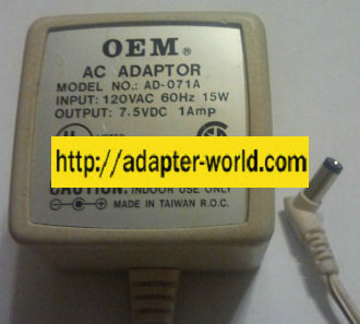 OEM AD-071A AC ADAPTER 7.5VDC 1A -( )- 2x5.5mm POWER SUPPLY