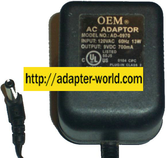 OEM AD-0970 AC ADAPTER 9VDC 700mA (-) 2x5.5mm center -ve 13W PO