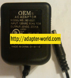 OEM AD-222D AC ADAPTER 22VDC 200mA -( )- 3x6.5mm POWER SUPPLY