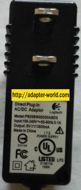 LOGITECH P925BW05050ABD3 AC DC ADAPTER 5V 500mA DIRECT PLUG-IN P