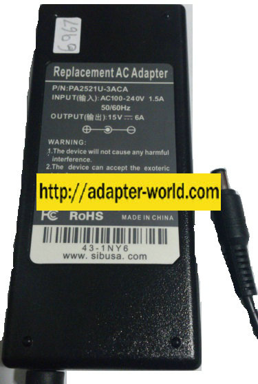 REPLACEMENT PA2521U-3ACA AC ADAPTER 15VDC 6A New