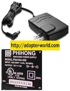 PHIHONG PSA10A-050 AC ADPTER 5VDC 2A -( ) 1.5x4mm 90 ° 100-240vac